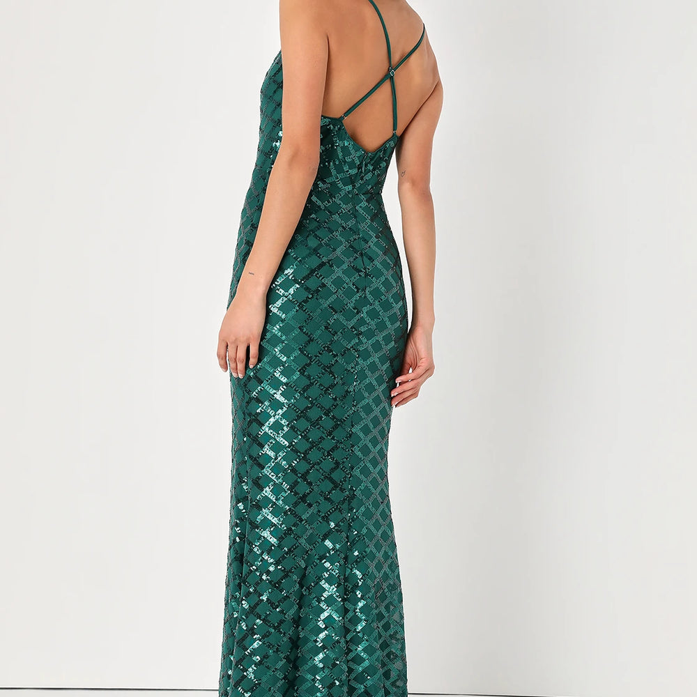 Back view of an Emerald Green Sequin Cowl Neck Maxi Dress