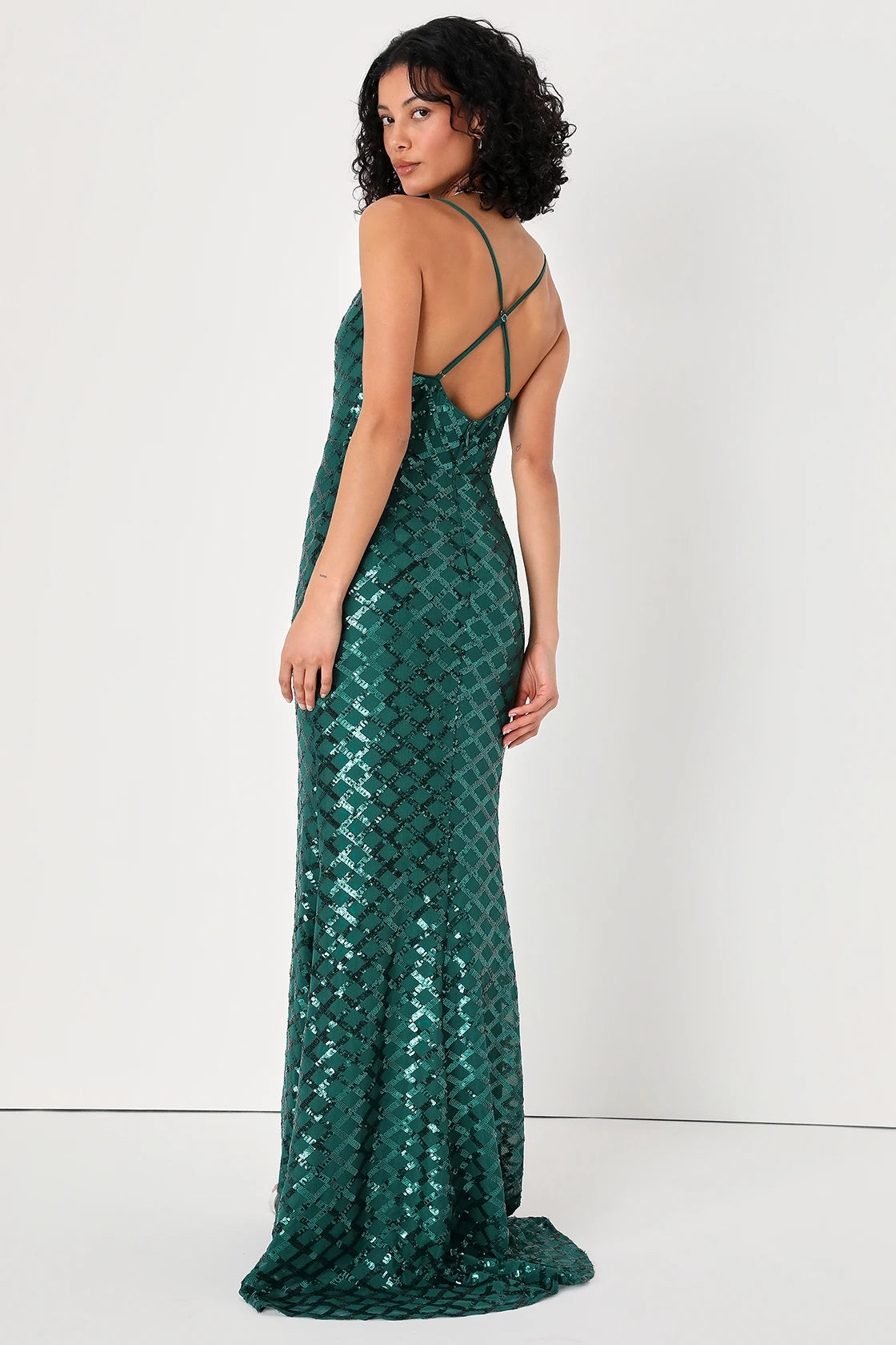 Back view of an Emerald Green Sequin Cowl Neck Maxi Dress