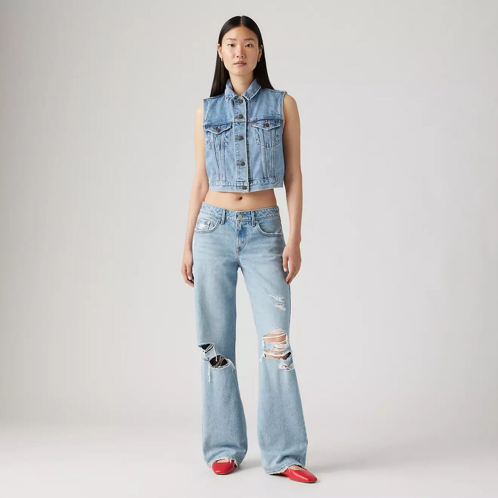 
                      
                        Front view of a woman wearing the Probably Ok Light Wash Distressed Low Loose Women's Jeans by Levi’s
                      
                    