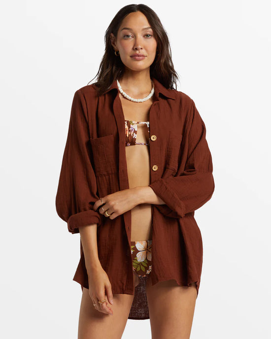 Billabong's Swell Button Up Blouse in the color Toasted Coconut