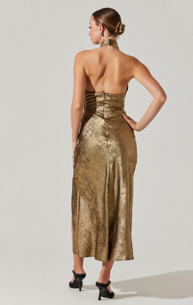 
                      
                        Back view of the view of the Gold Floral Marissa Satin Halter Neck Midi Dress by ASTR
                      
                    