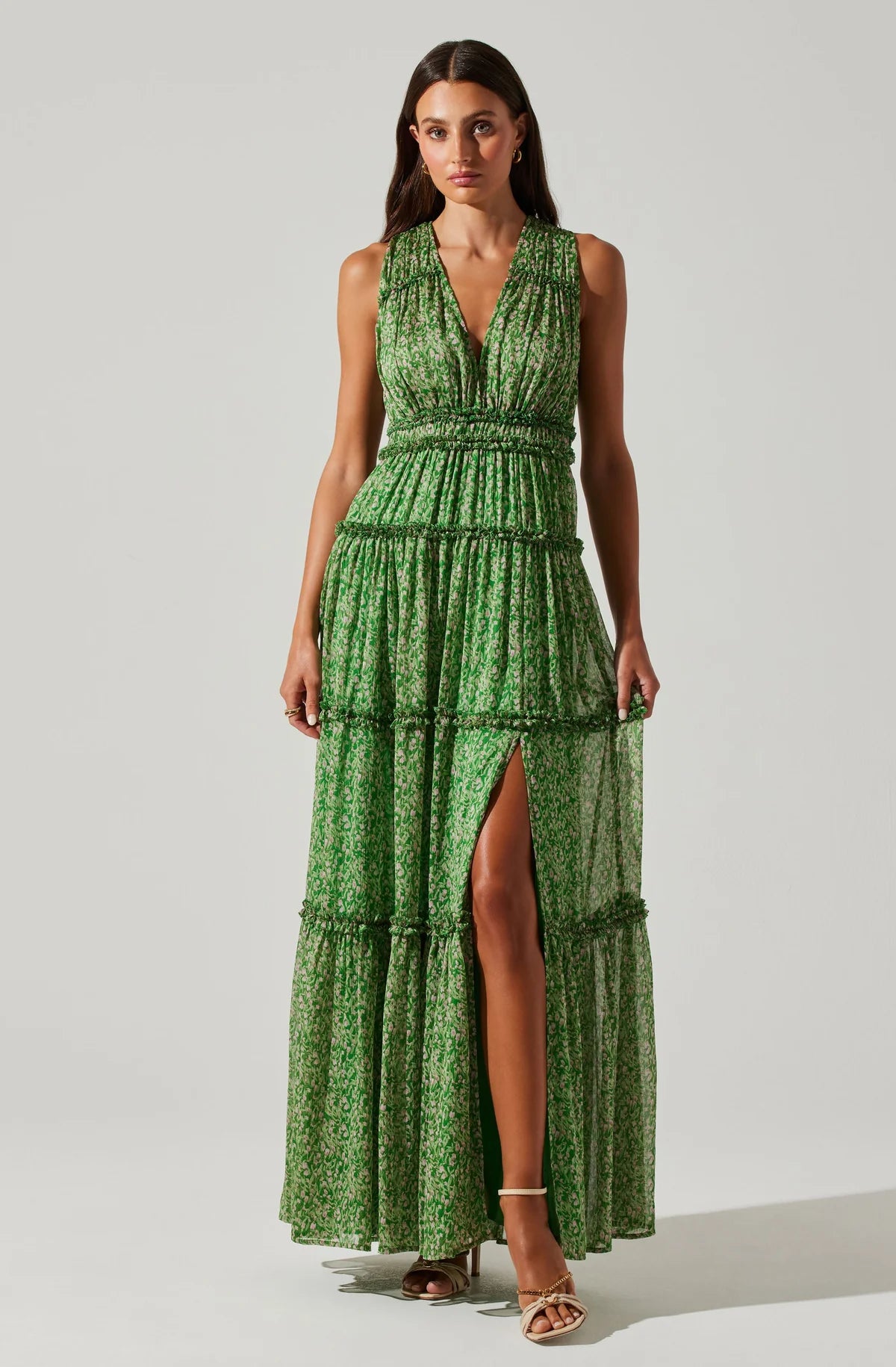 Front view of the green and pink floral Edessa Tiered Ruffle Maxi Dress from ASTR 