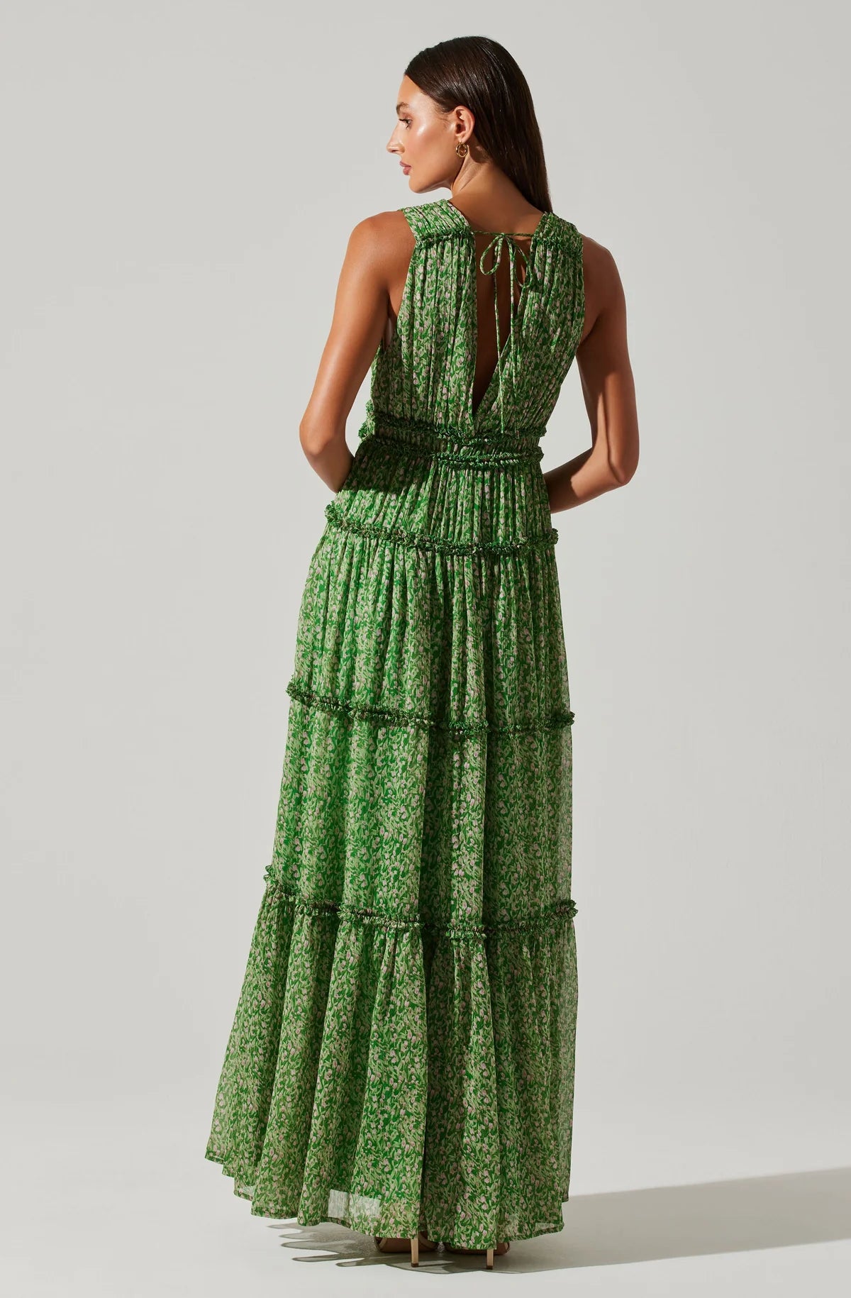 Back view of the green and pink floral Edessa Tiered Ruffle Maxi Dress from ASTR