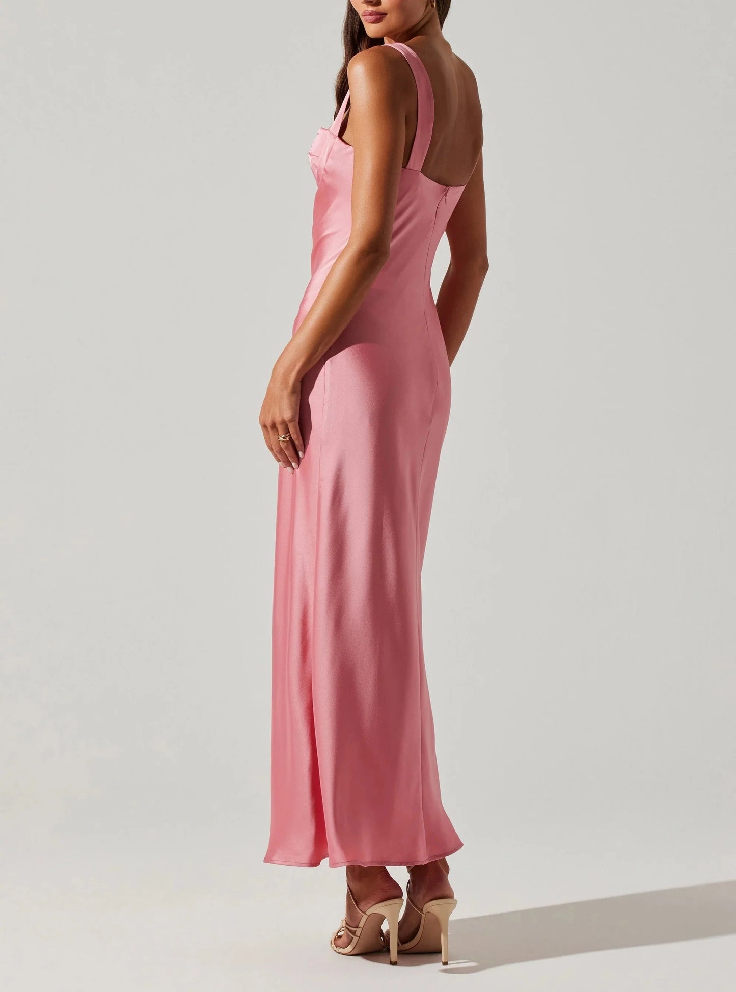 Back view of the Strawberry Pink Stacie Satin Maxi Dress by ASTR