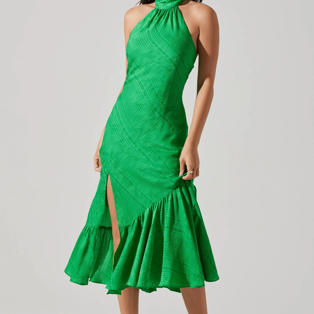 Front view of the green Caspia Halter Midi Dress by ASTR The Label