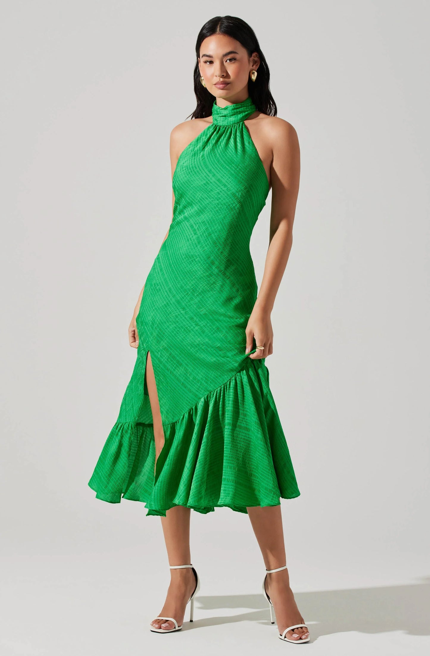 Front view of the green Caspia Halter Midi Dress by ASTR The Label