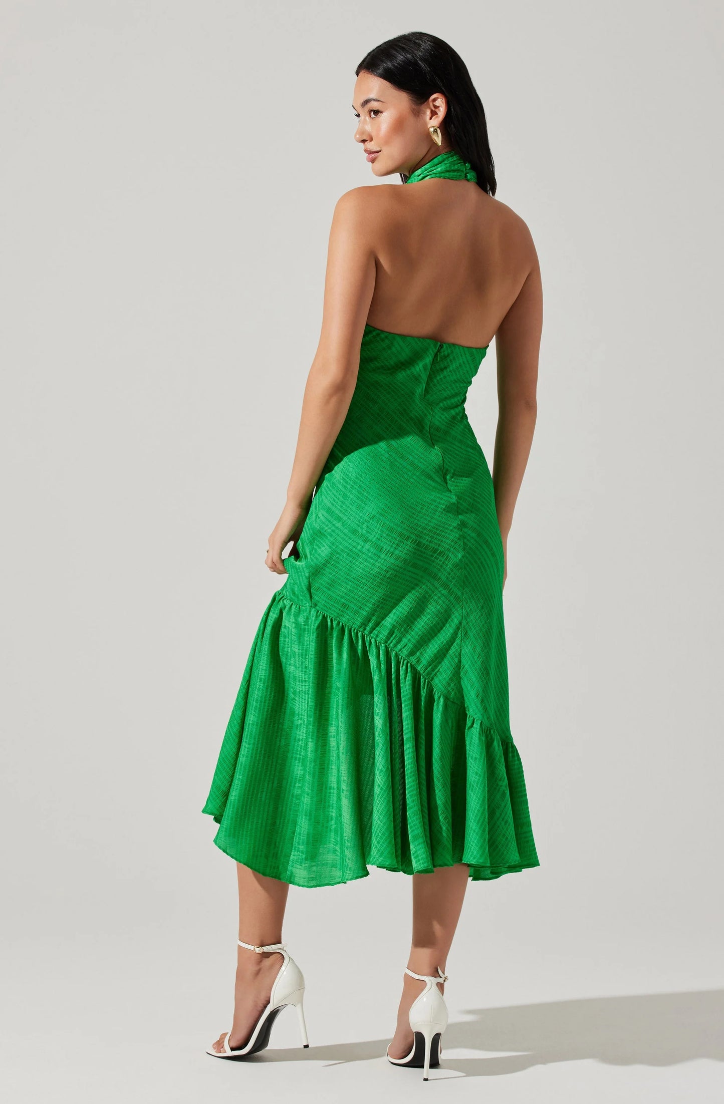 Back view of the green Caspia Halter Midi Dress by ASTR The Label