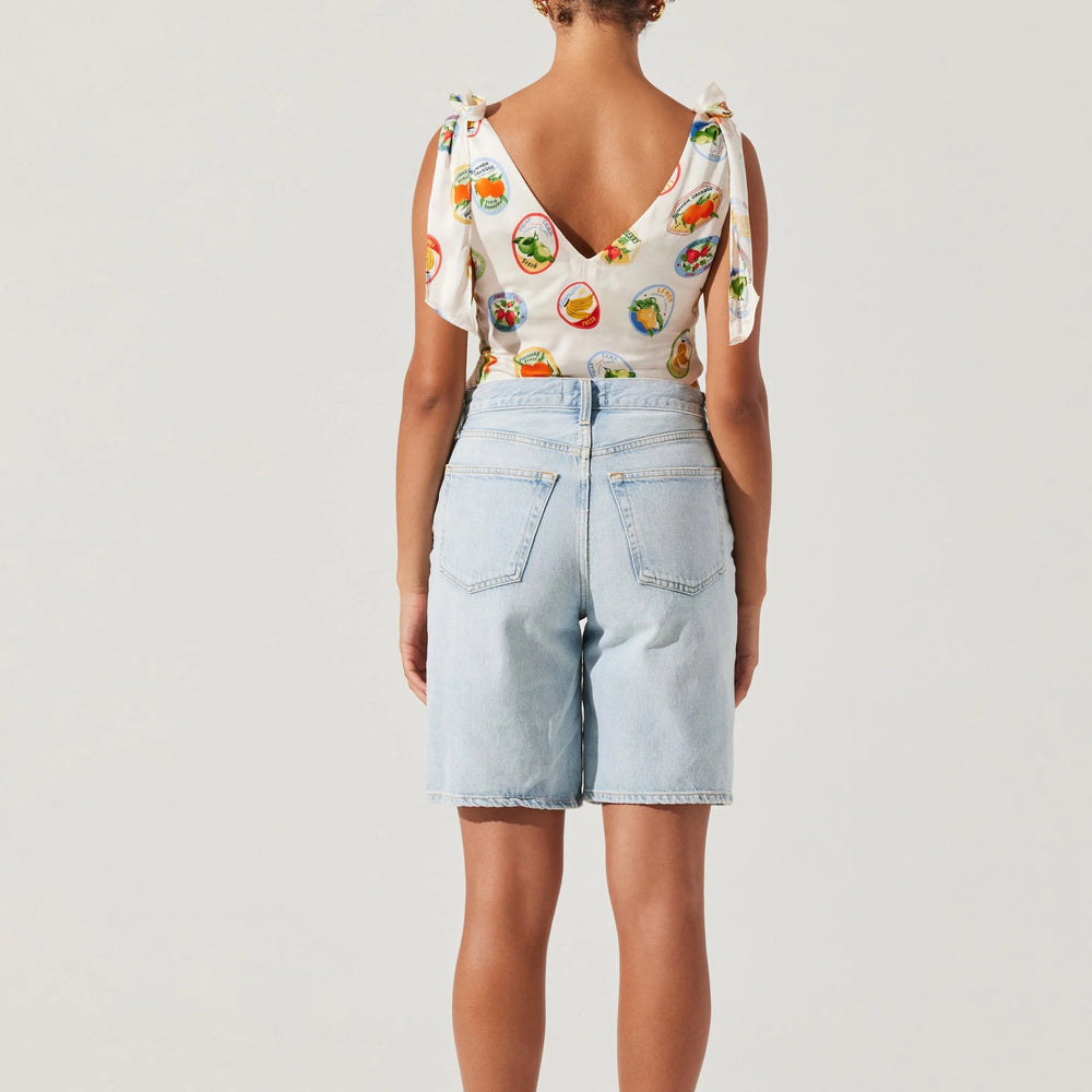 Shop women's tops for summer at Harbour Thread boutique! New arrivals include the ASTR Allexina Satin Tie-Shoulder Top in Ivory Fruit Cocktail. 