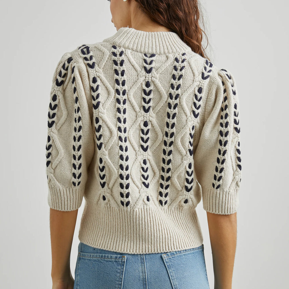 
                      
                        Back view of a woman wearing the Addy Cable Knit Sweater by Rails in the color Oatmeal Navy
                      
                    