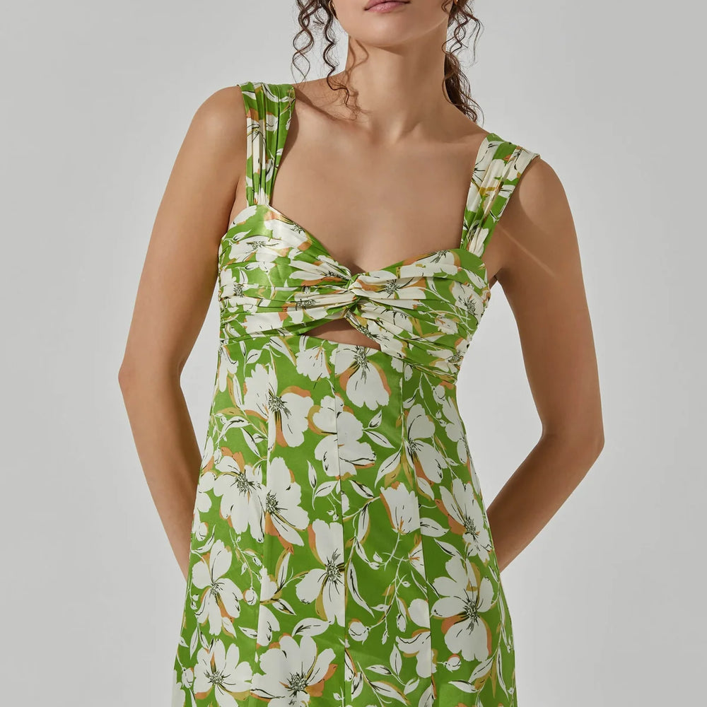 
                      
                        Front detail on ASTR's green and white floral print Twist Bust Midi Dress
                      
                    