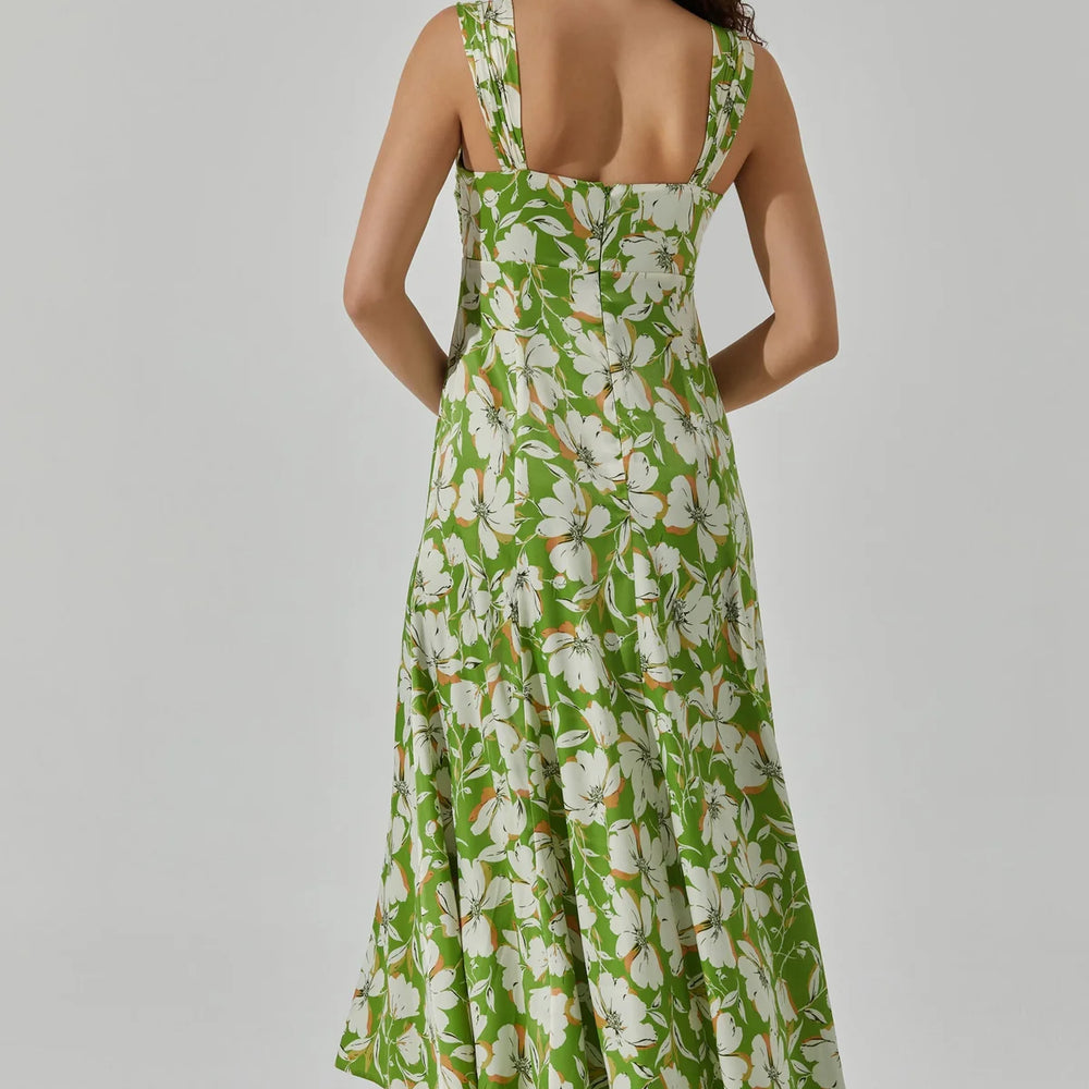 Back view of ASTR's green and white floral print Twist Bust Midi Dress