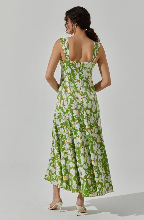 Back view of ASTR's green and white floral print Twist Bust Midi Dress