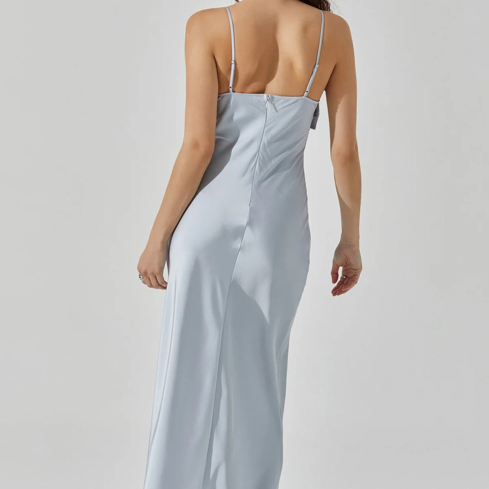 Back view of ASTR's Ice Blue Satin Bow Midi Dress