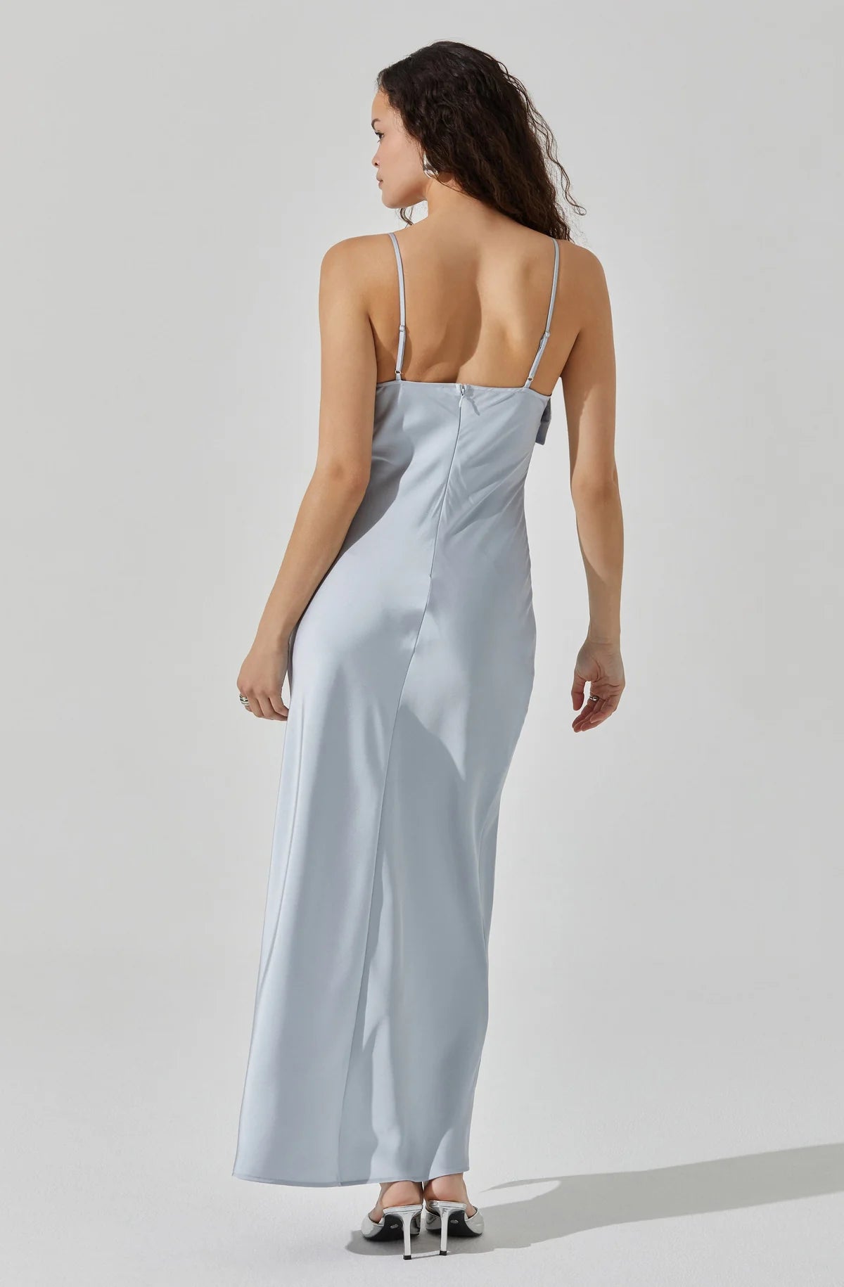 Back view of ASTR's Ice Blue Satin Bow Midi Dress