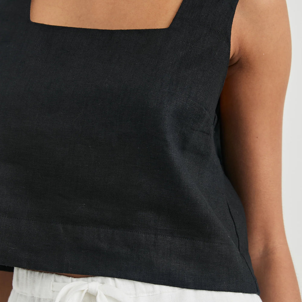 
                      
                        Black square neck linen crop top
                      
                    