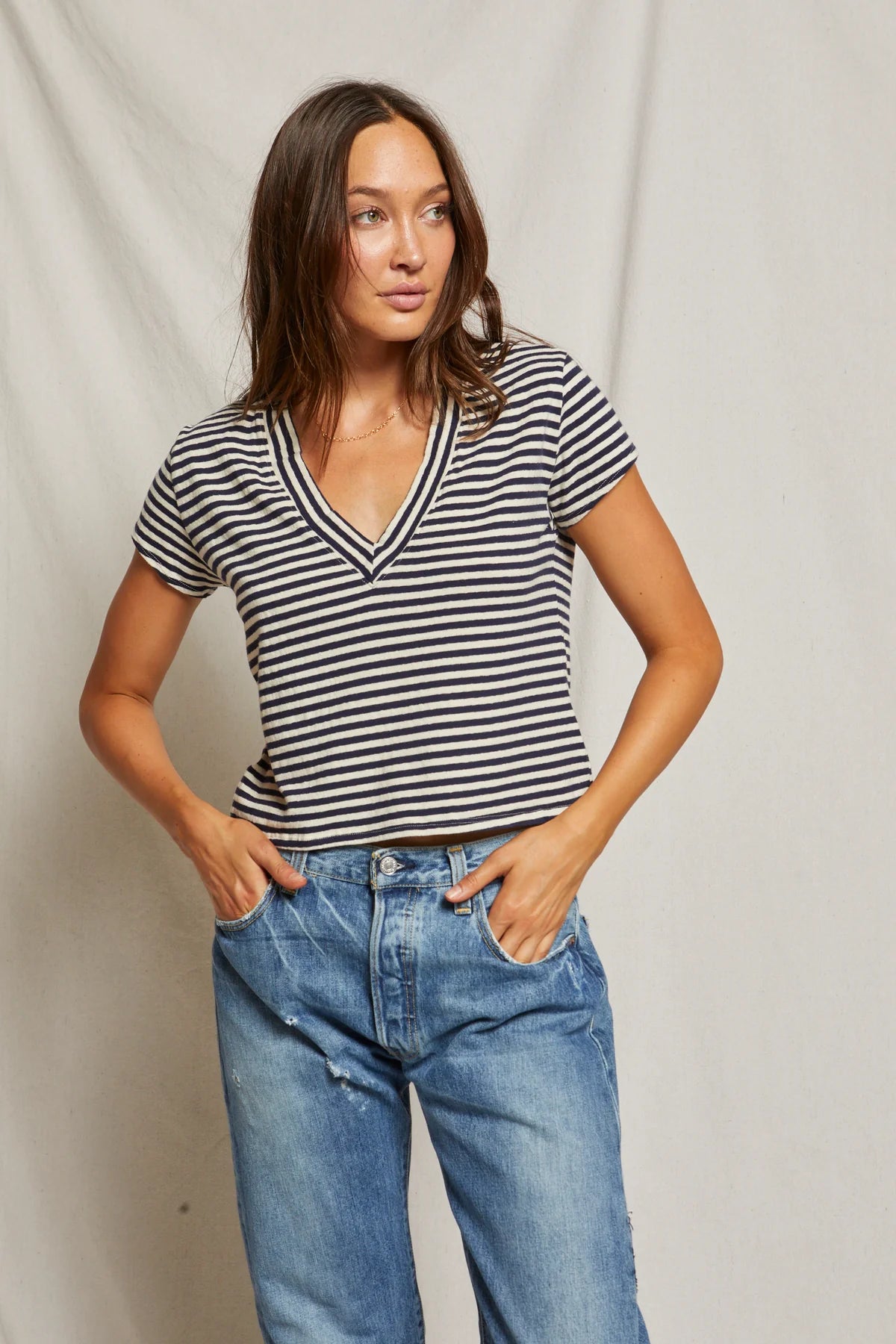 Perfect White Tee's Alanis V Neck Tee in the colors Navy White Stripe