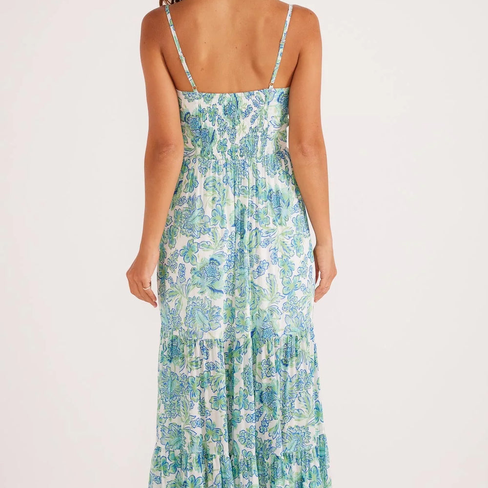 
                      
                        Back view of the blue and green floral Aessia Tiered Maxi Dress by MINKPINK
                      
                    