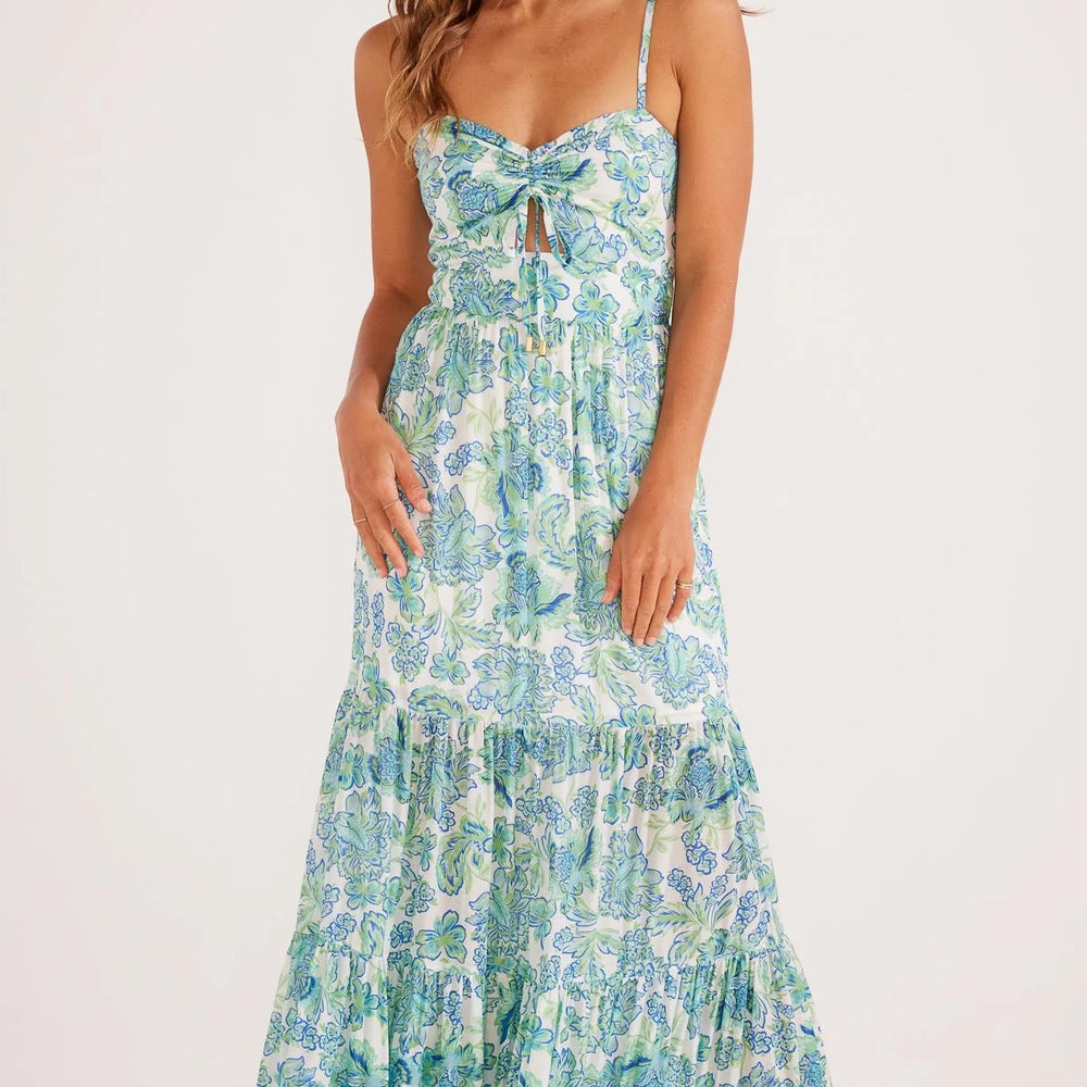 
                      
                        The blue and green floral Aessia Tiered Maxi Dress by MINKPINK
                      
                    