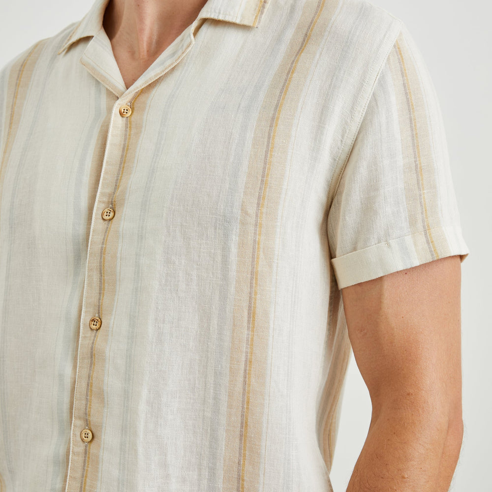 
                      
                        Front detail on the Farro Dove Stripe Amalfi Short Sleeve Shirt by Rails
                      
                    