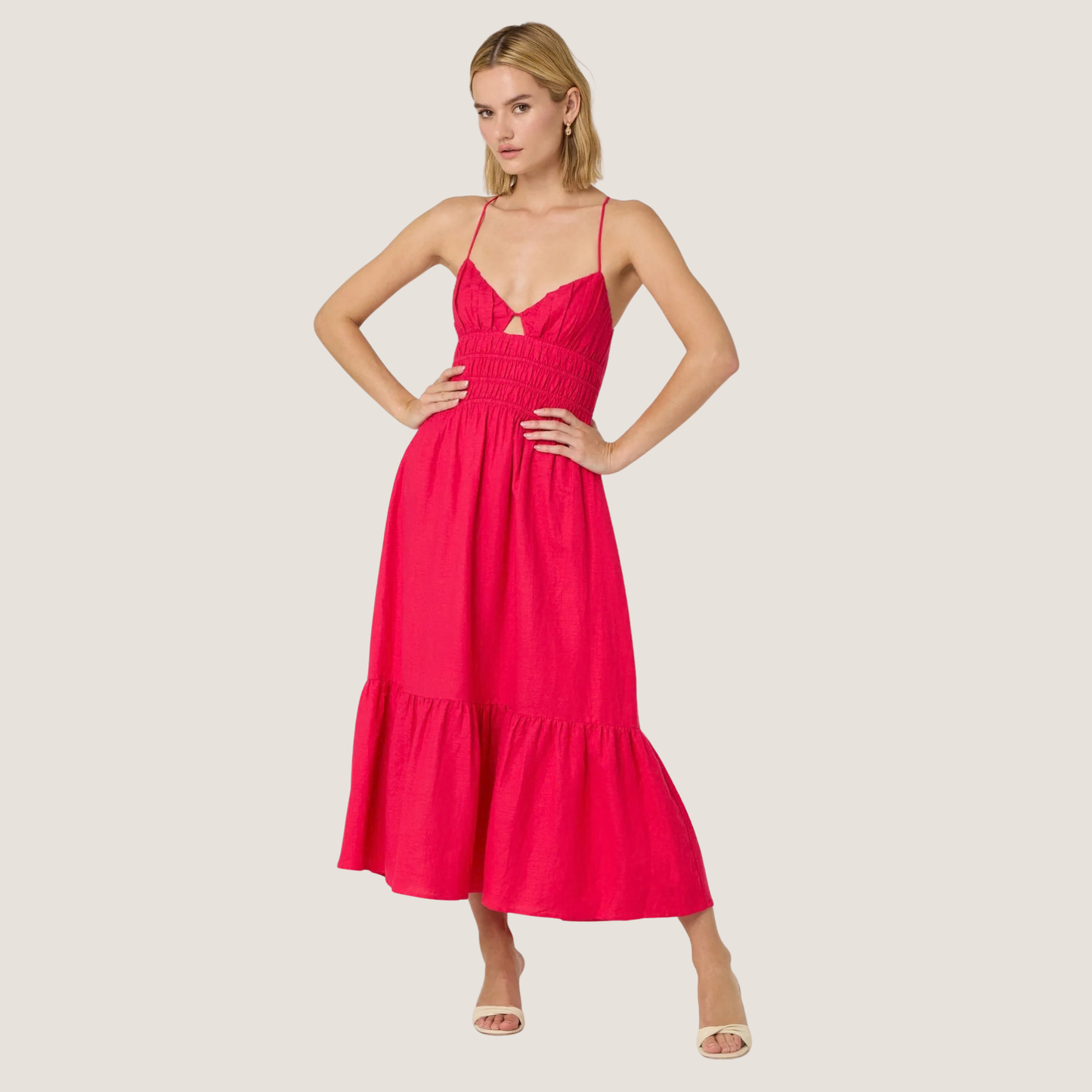 ASTR Eleni Linen-Blend Midi Dress in Fuchsia 