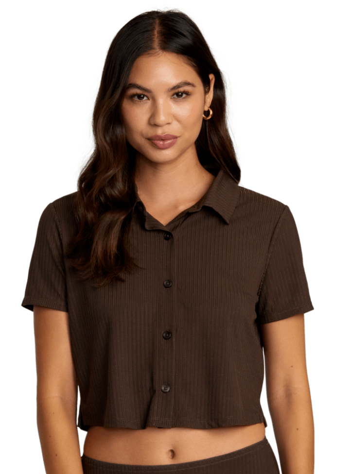 Front view of a woman wearing the Jenni Button Down Top by RVCA