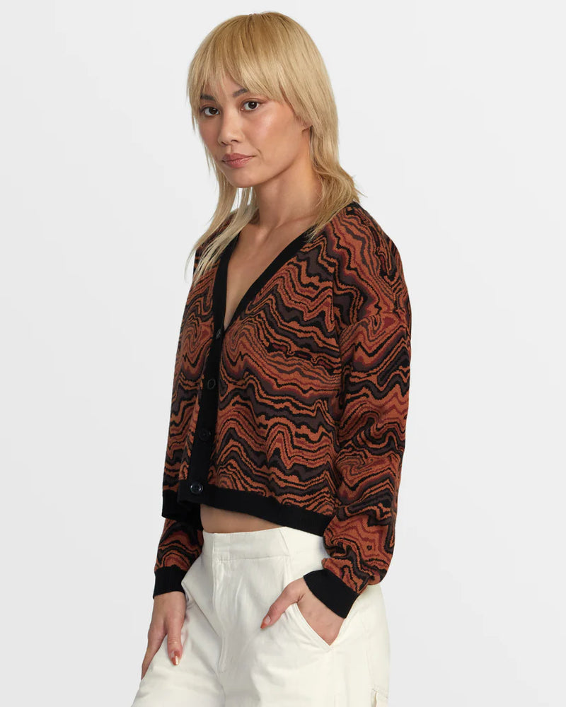 
                      
                        The Happy Hour Cardigan by RVCA features front button closure and v-neckline
                      
                    