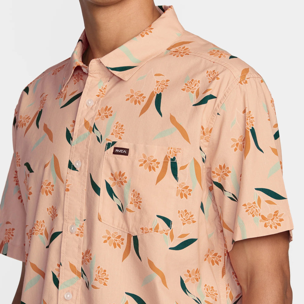 
                      
                        RVCA pink printed men's short sleeve button down shirt at Harbour Thread
                      
                    