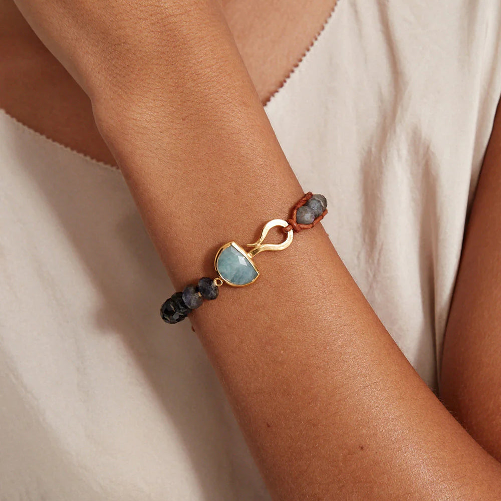 Person wearing the Iolite Mix Luna Single Wrap Bracelet by Chan Luu
