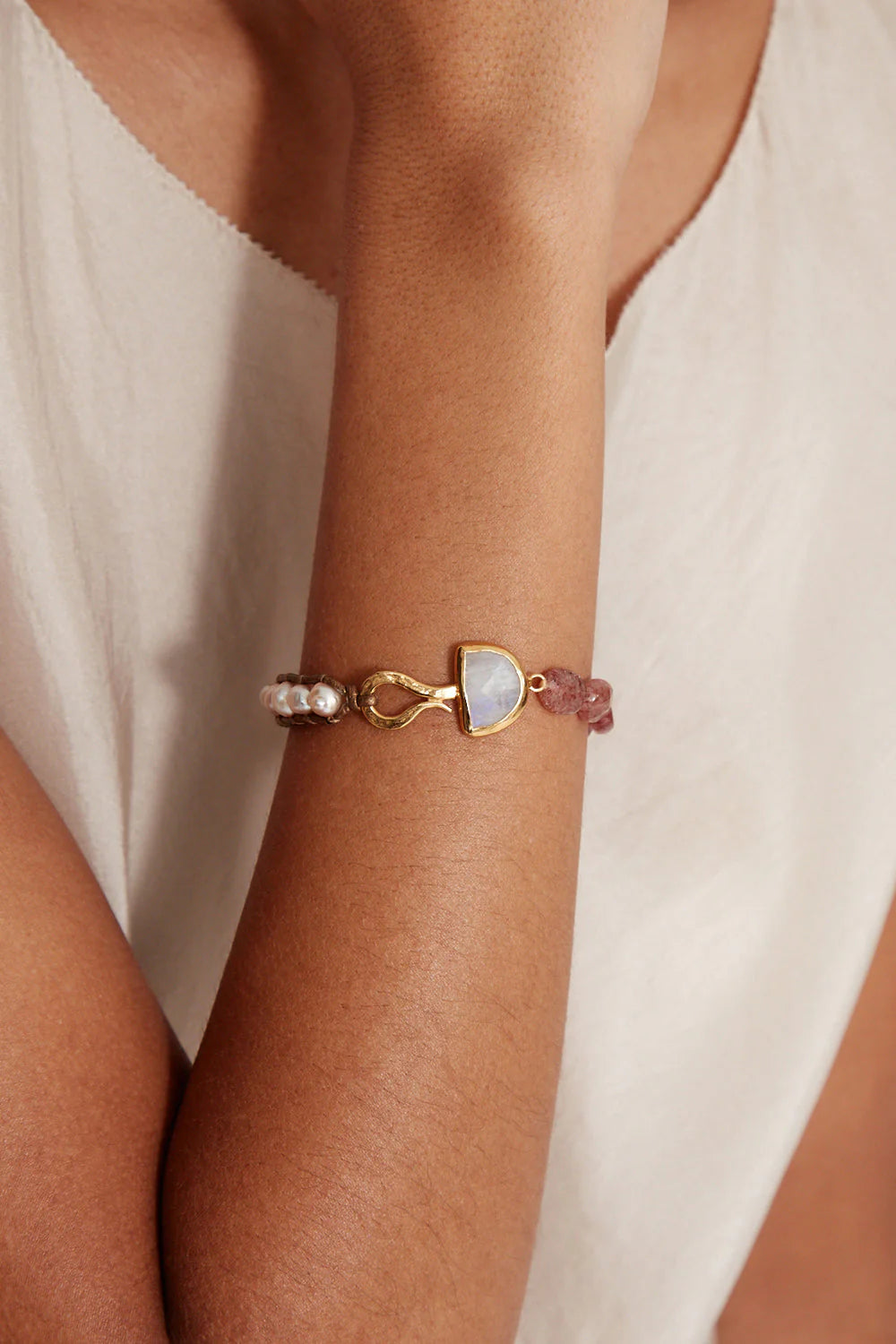 Person wearing Chan Luu's Luna Single Wrap Bracelet in Pink Mix