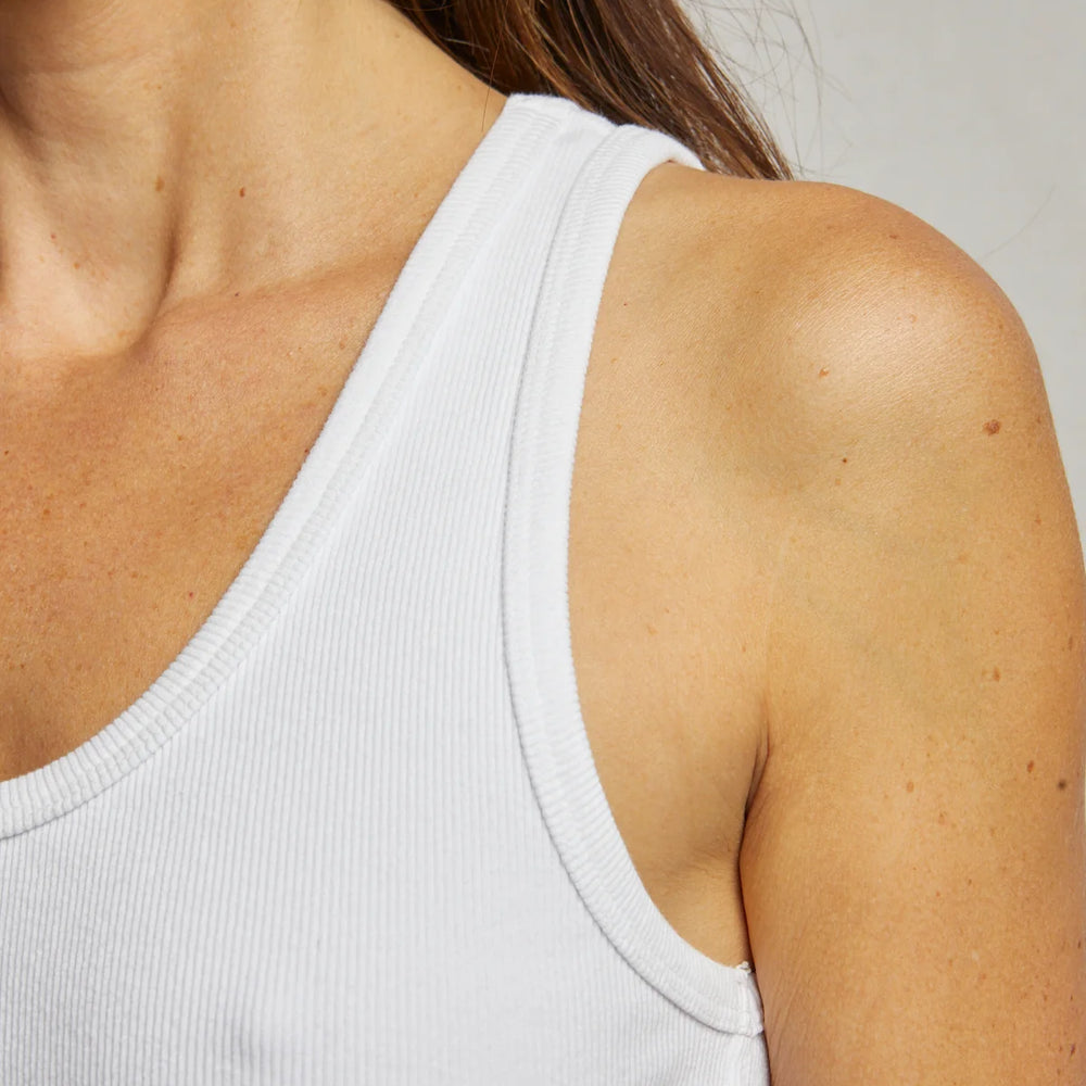 Design detail on the Blondie cropped rib white tank by Perfect White Tee