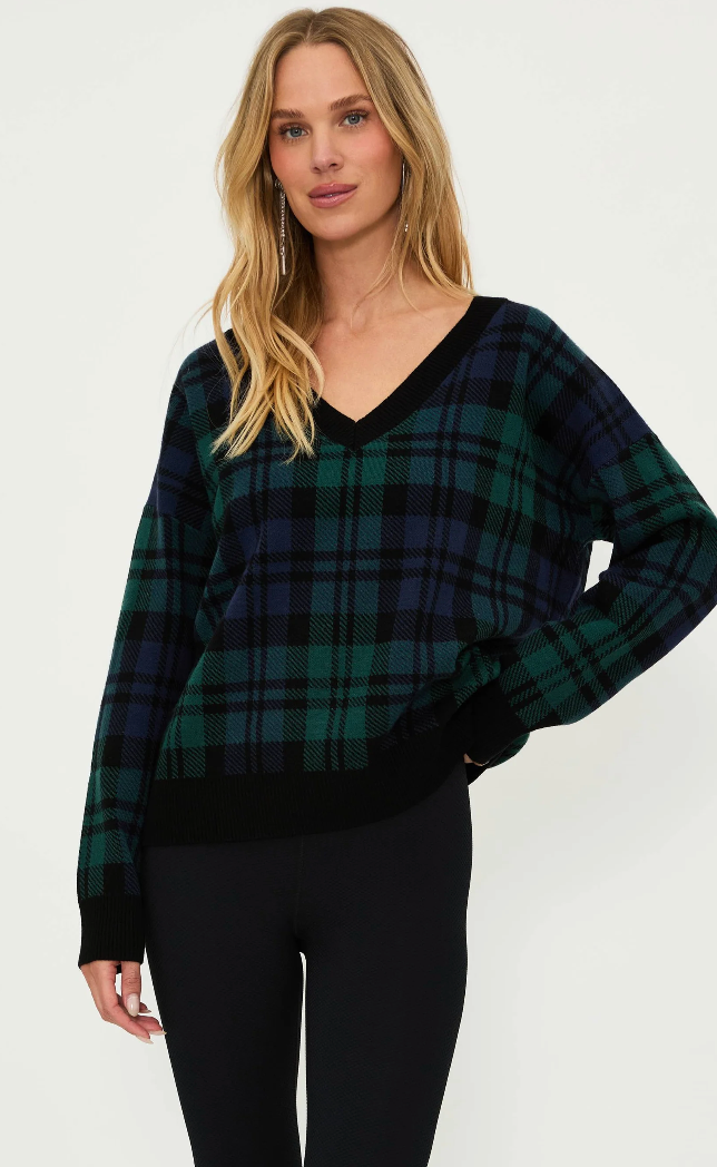 The Joey Sweater is a Beach Riot best-seller, now available in a wintergreen plaid print that's perfect for the season. 