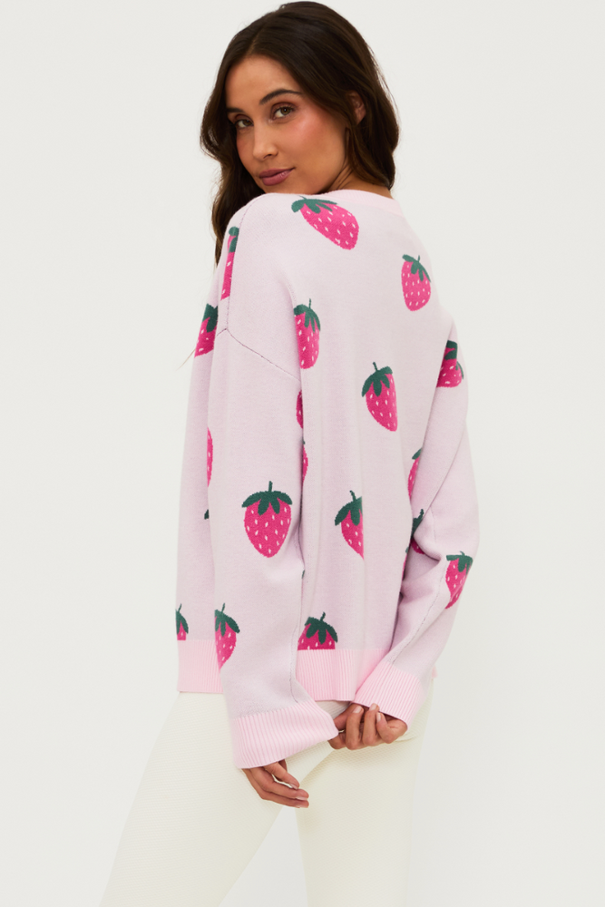 
                      
                        Women's pink v-neck sweater with strawberry print
                      
                    