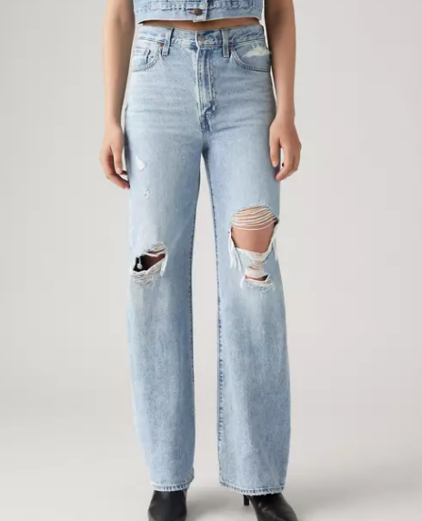 
                      
                        Front view of the medium wash distressed Ribcage Wide Leg women's jeans by Levi's
                      
                    