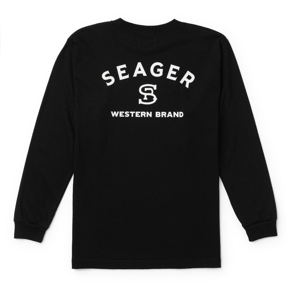 Black long-sleeve shirt with 'Seager Western Brand' logo on a white background