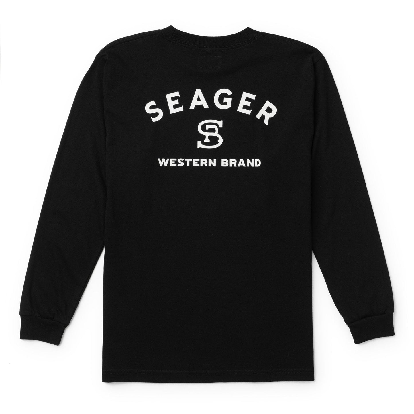 Black long-sleeve shirt with 'Seager Western Brand' logo on a white background