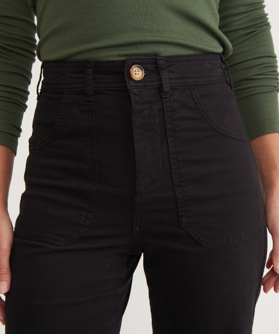 Front detail on the Bridget India Ink Corduroy Flare Pant by Marine Layer