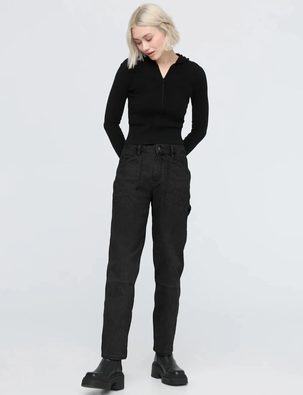 An outfit styled with the Black Stretch Canvas Utility Pant by DU/ER