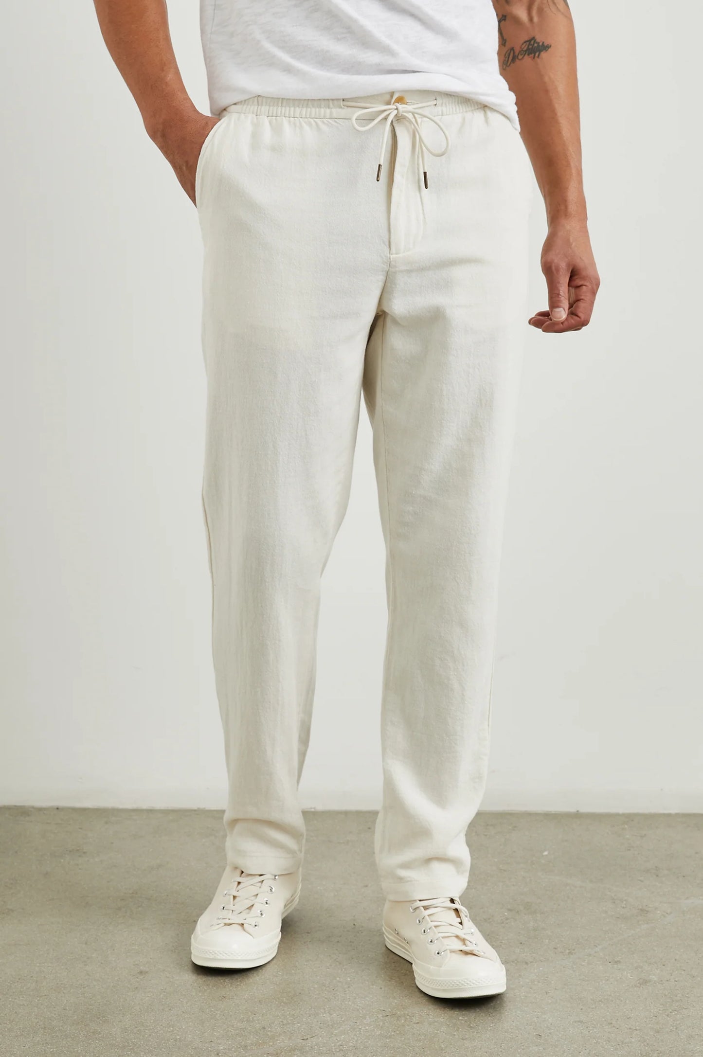 Front view of the Callum Drawstring Men's Pant in the color Ecru by Rails