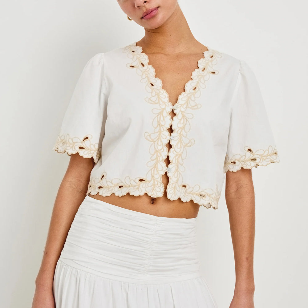 The Rails Cataluna Top is available at Harbour Thread, offering fun warm-weather style with embroidery detail and a scalloped hem