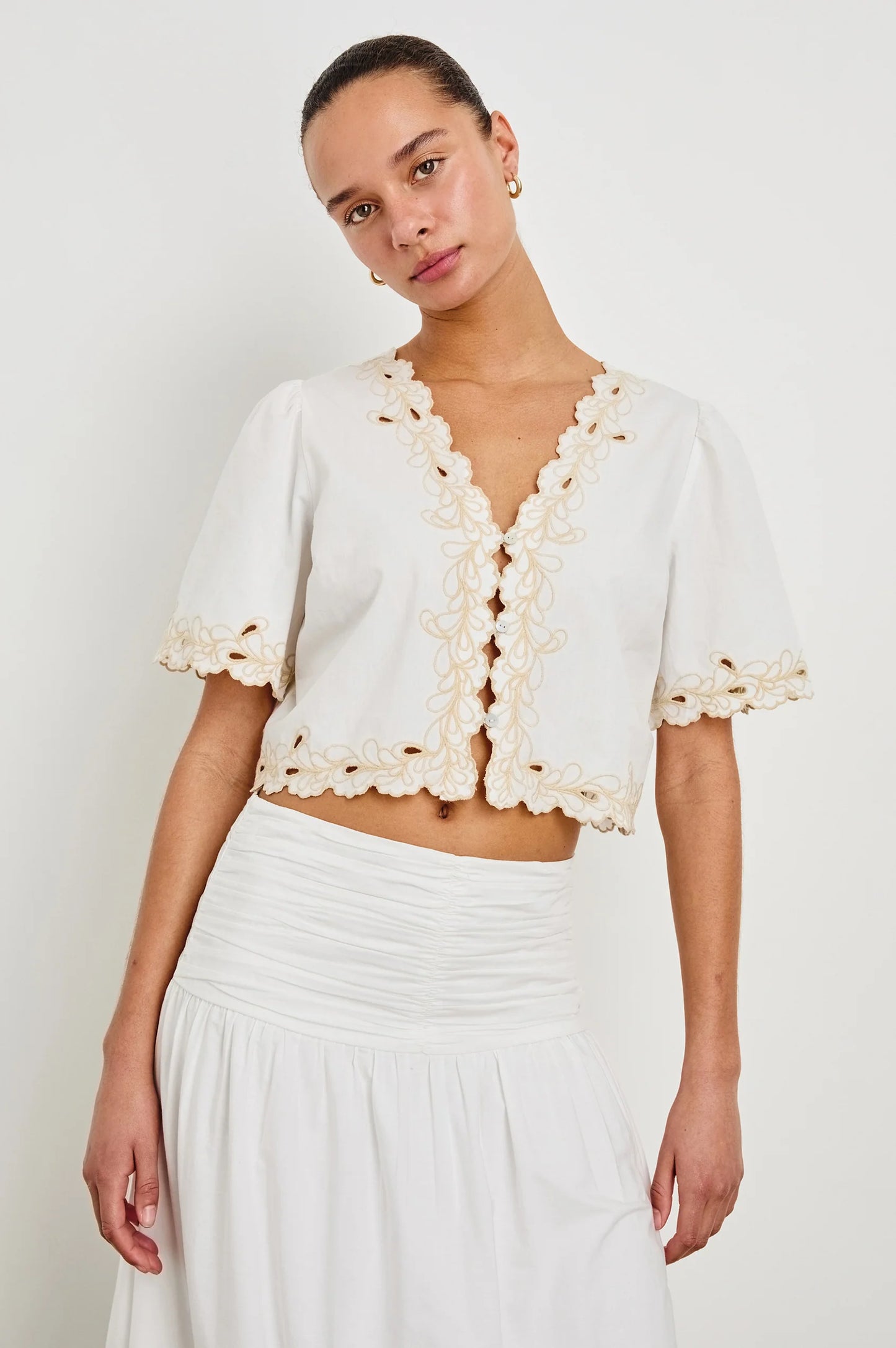 The Rails Cataluna Top is available at Harbour Thread, offering fun warm-weather style with embroidery detail and a scalloped hem