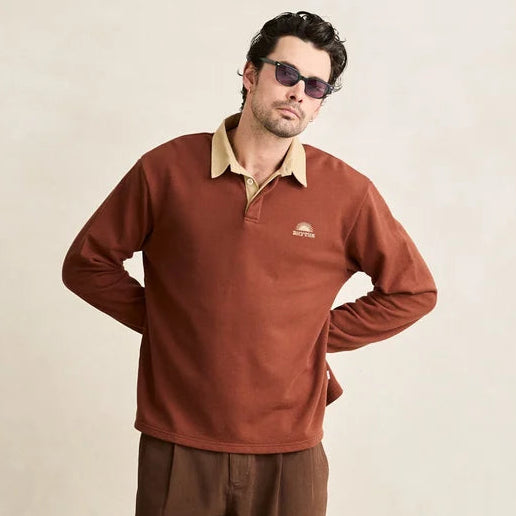 Rhythm men's Heritage Bloom Rugby Polo in the color Bark
