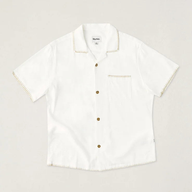 Rhythm Linen Whip Stitch Short Sleeve Shirt in Vintage White