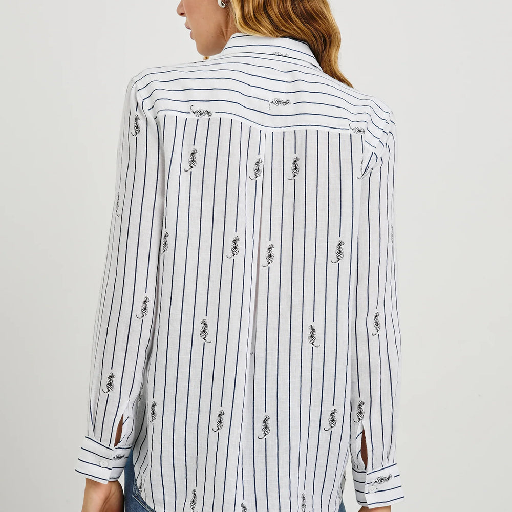 
                      
                        Back view of a woman wearing the Navy Striped Tigers Charli Button Down Shirt by Rail
                      
                    