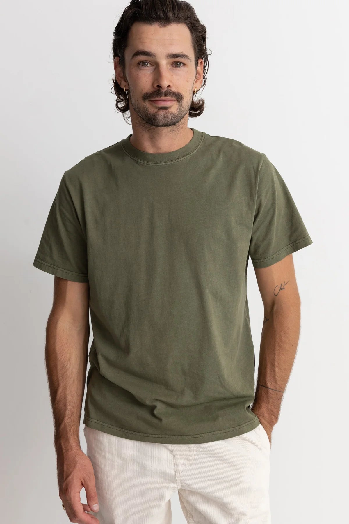 Front view of men's olive colored short sleeve tshirt