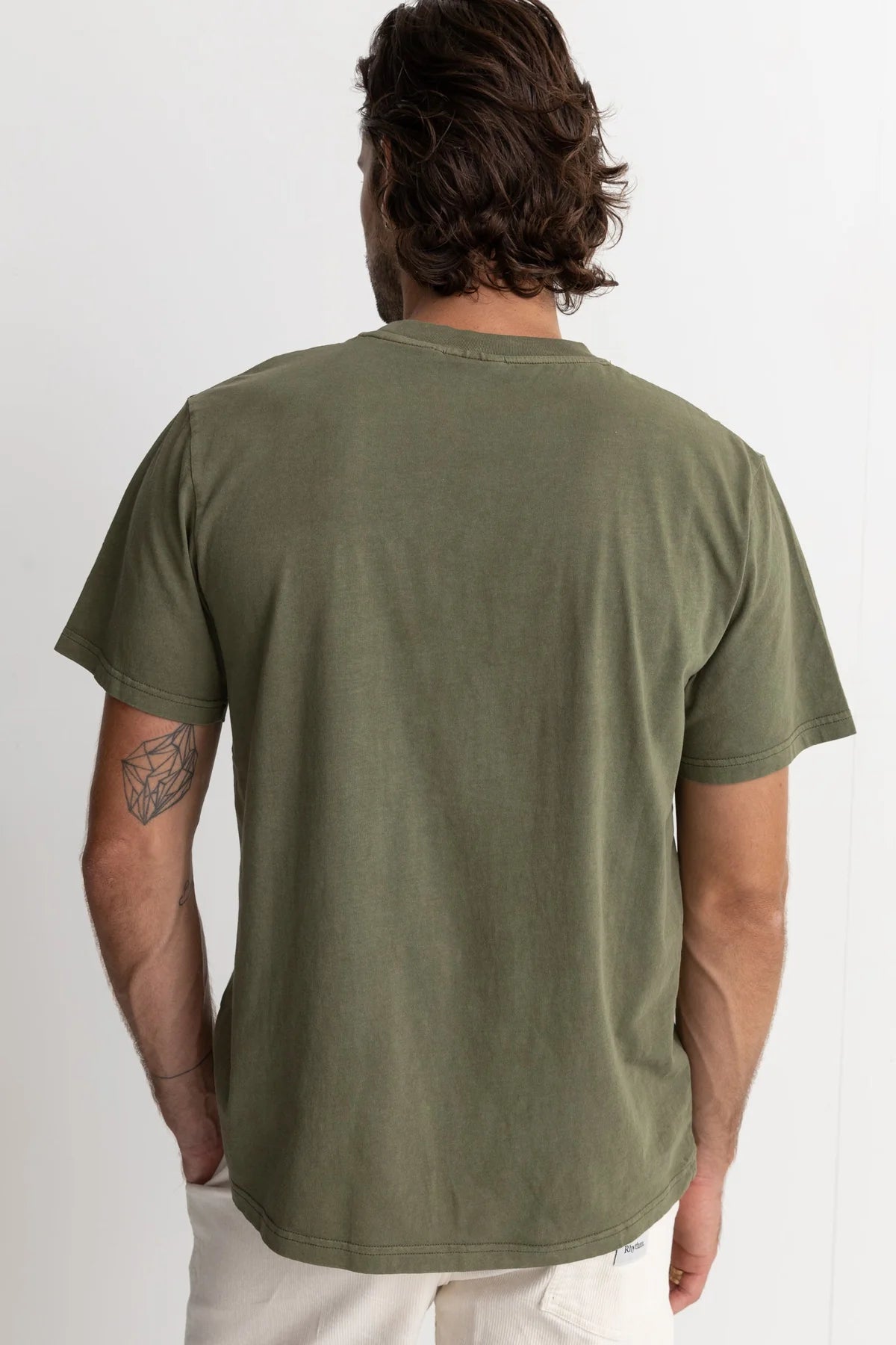Back view of men's olive colored short sleeve tshirt