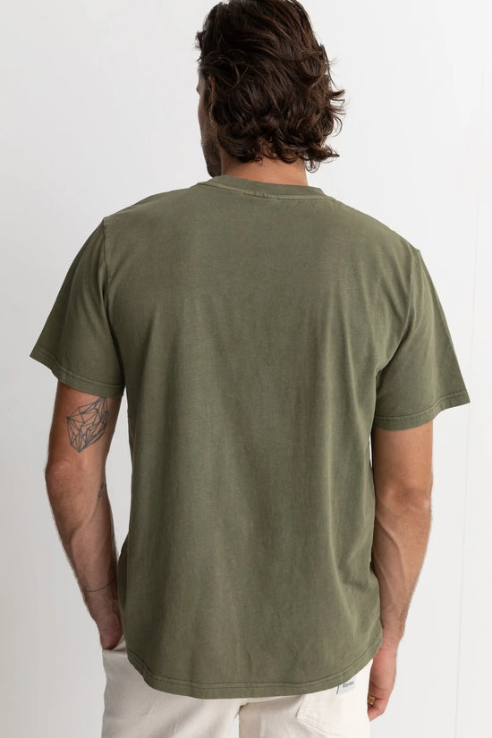 Back view of men's olive colored short sleeve tshirt