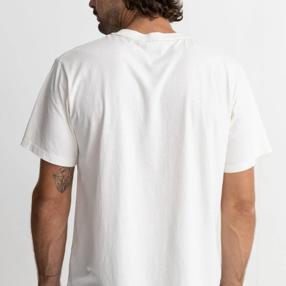 
                      
                        Back view of man wearing the Vintage White Classic Vintage Tee by Rhythm
                      
                    
