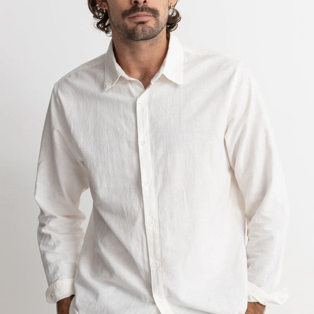 Men's long sleeve white button down shirt front view