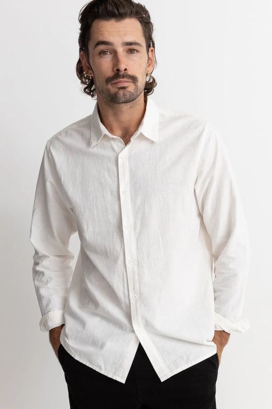 Men's long sleeve white button down shirt front view