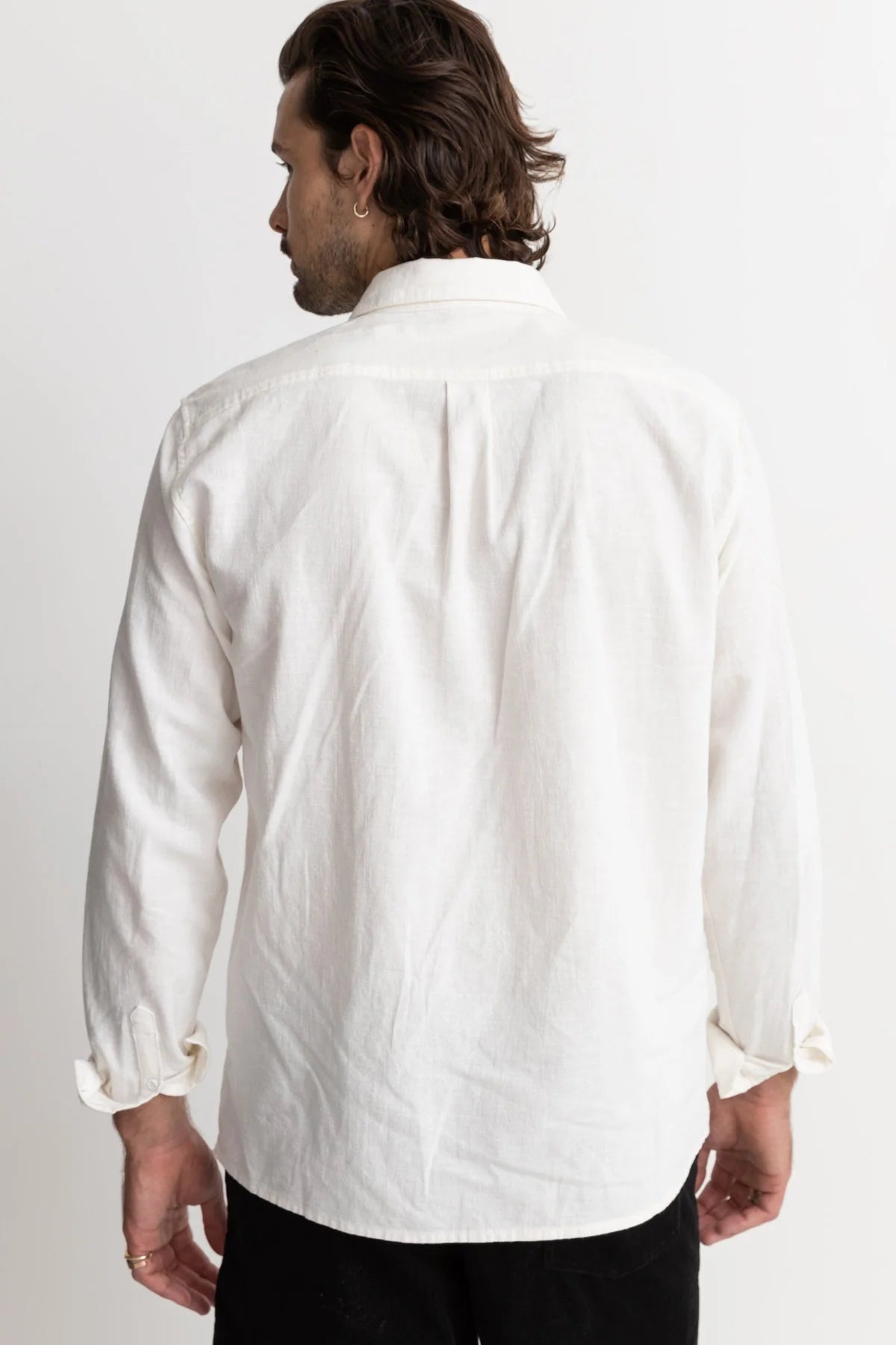 Men's long sleeve white button down shirt back view